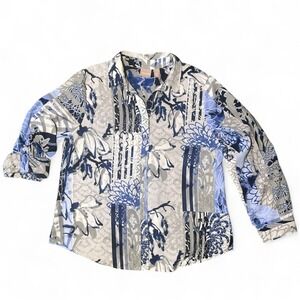 Chico's Blue Gray Floral Patchwork Print Button Up Long Sleeve Blouse Top Size 2
